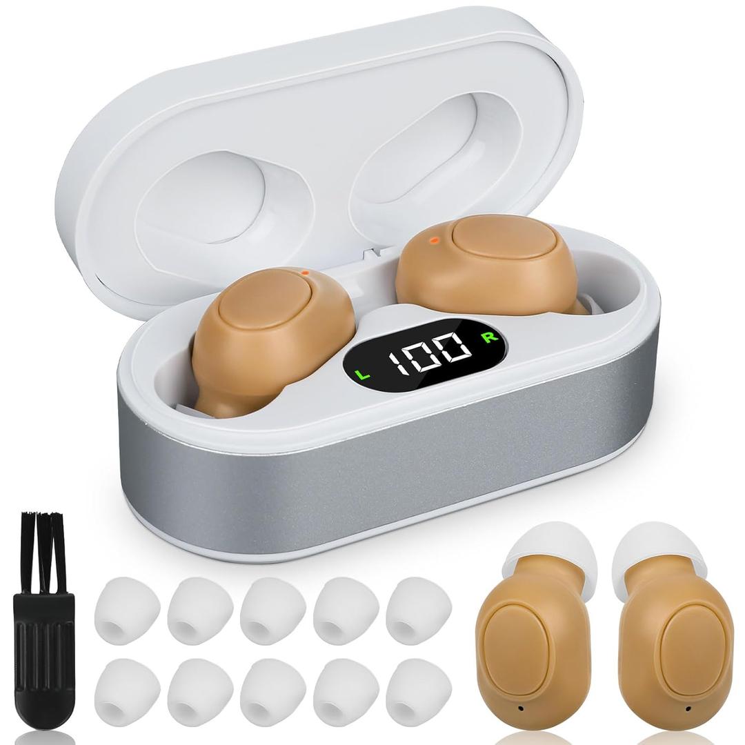Hearing Aids for Seniors and Adults - Rechargeable Hearing Amplifiers with Noise Canceling Invisible Hearing Aid With Portable Charging Case and Button Volume Control (Skin)