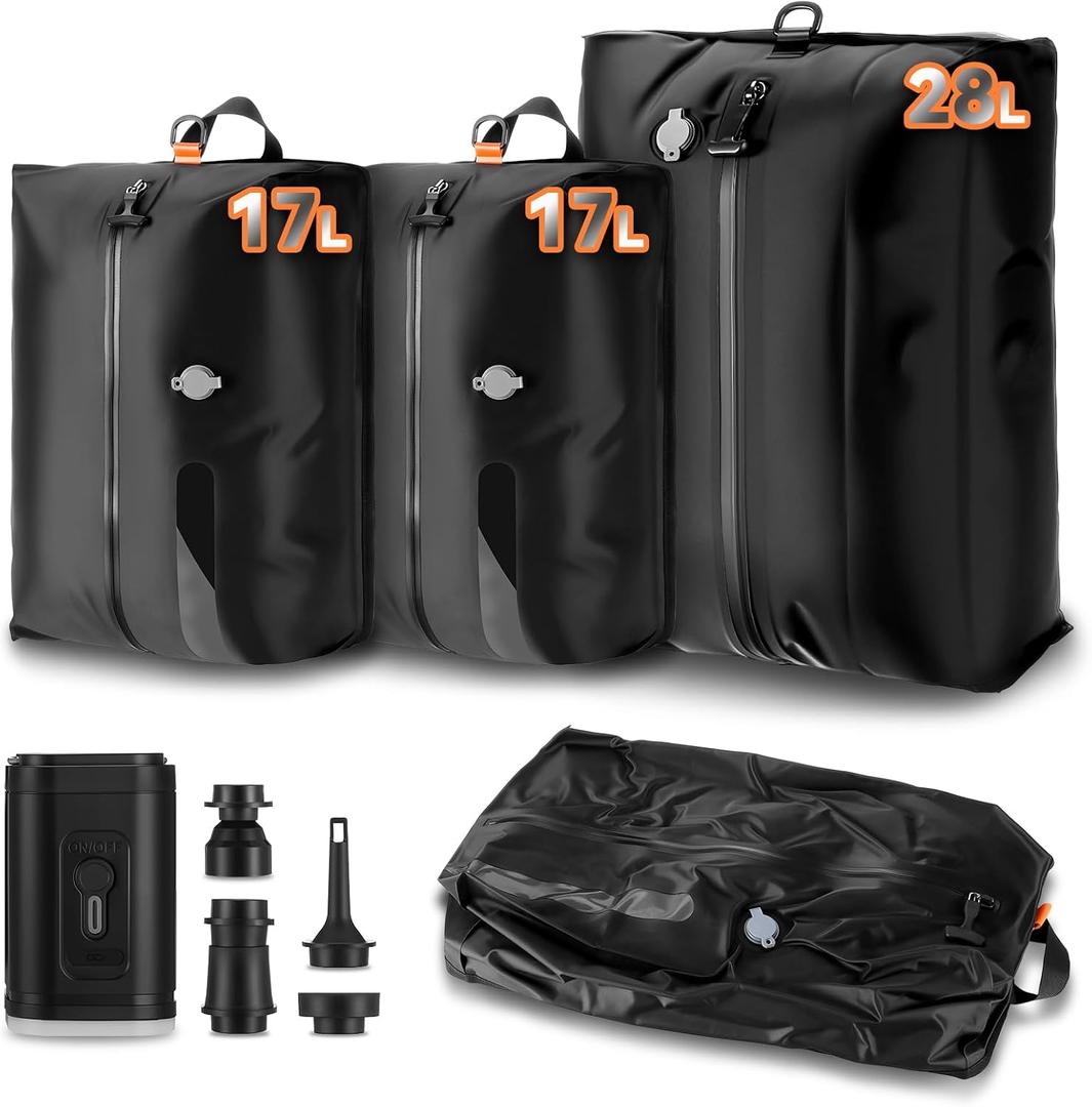 Vacuum Travel Bags with Rechargeable Pump, 3 Pack Space Saver Compression Bags for Luggage, Reusable Clothing Storage Bags for Travel, Carry On & Closet (28L + 2 x 17L)
