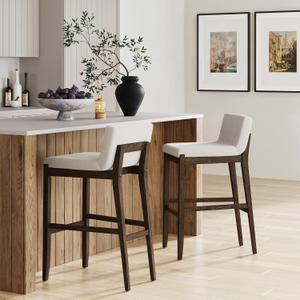 Nathan James Gracie Scandinavian Bar Stool with Back, Wooden Bar Stool for Kitchen Island with Boucle Upholstery, Cream Boucle/Dark Brown, Set of 2, Bar Height - Set of 2