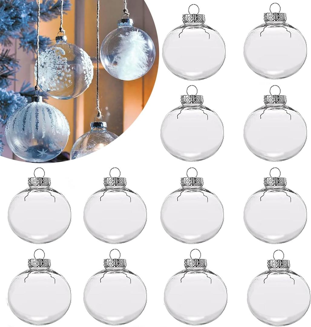 12 Pcs Clear DIY Fillable Ornaments,2.36'' Transparent Balls Plastic Baubles for Christmas, Halloween, Birthday, Wedding Decor, DIY Crafts Decorations (60 mm)