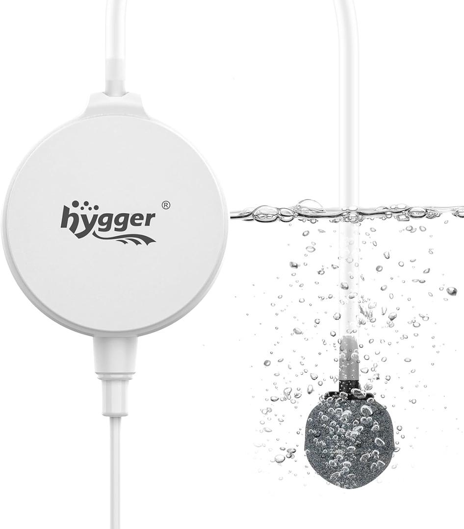 hygger 1.5 Watt Mini Aquarium Air Pump, Quiet Aerator with Air Stone Tubing Suction Cup Clip, Small Fish Tank Bubbler Oxygen Pump for 1 to 15 Gallon Betta Tank, Fish Bowl, Desk Small Tank (White)