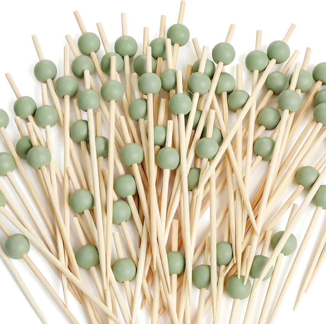 200 Pcs Sage Green Easter Spring Party Cocktail Pick 4.7" Toothpick for Appetizer Skewer Sandwich Drink Bamboo Food Pick Martini Stick Garnish Party Bar Catering Accessory Baby Shower Wedding Supply