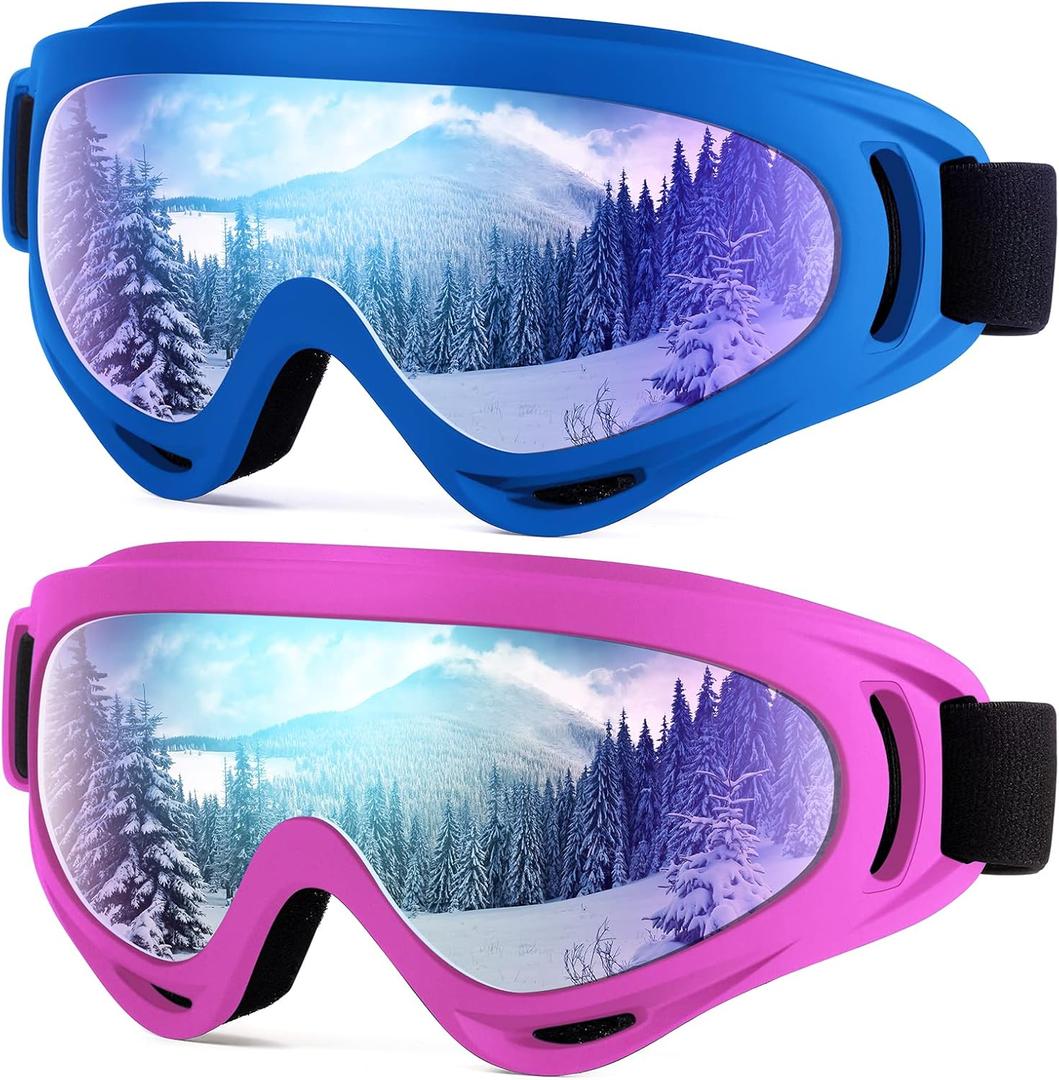 Dizywiee 2-Pack Kids Ski Goggles, Snowboard Goggles for Adult Youth Teens Boys & Girls, Winter Snow Sports Goggles (08.blue Frame With Multicolor Lens + Pink Frame With Multicolor Lens)