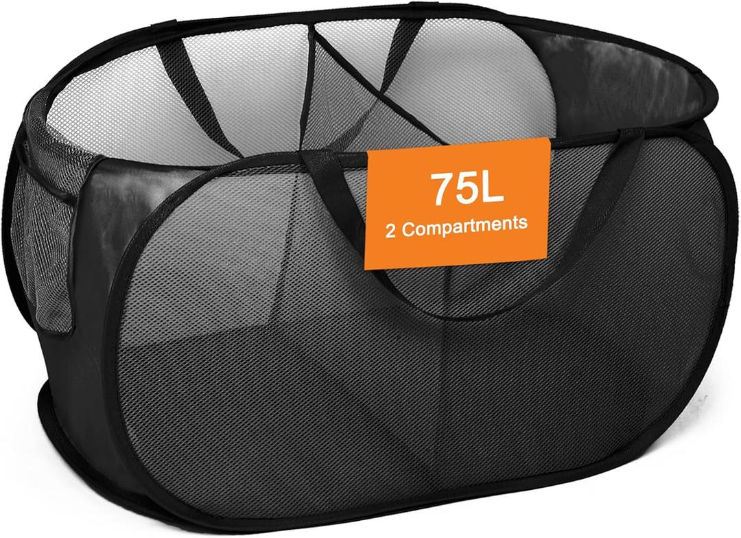 Foldable Laundry Baskets, Collapsible Mesh Laundry Hamper, Durable Pop Up Laundry Basket, 2 Compartments Clothes Hampers for Laundry, Easy to Carry & Sort for Dorm, Home, Kids Room, Travel Black