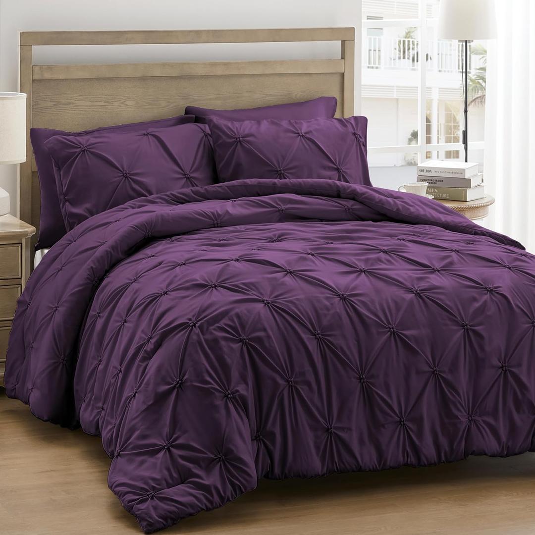 UNIKOME King Size Comforter Set Purple - Ultra Soft Boho Pintuck Down Alternative Bedding Set for All Seasons, 3 Pieces Lightweight Warm Pinch Pleat Bed Set with Comforter, 2 Pillowcases
