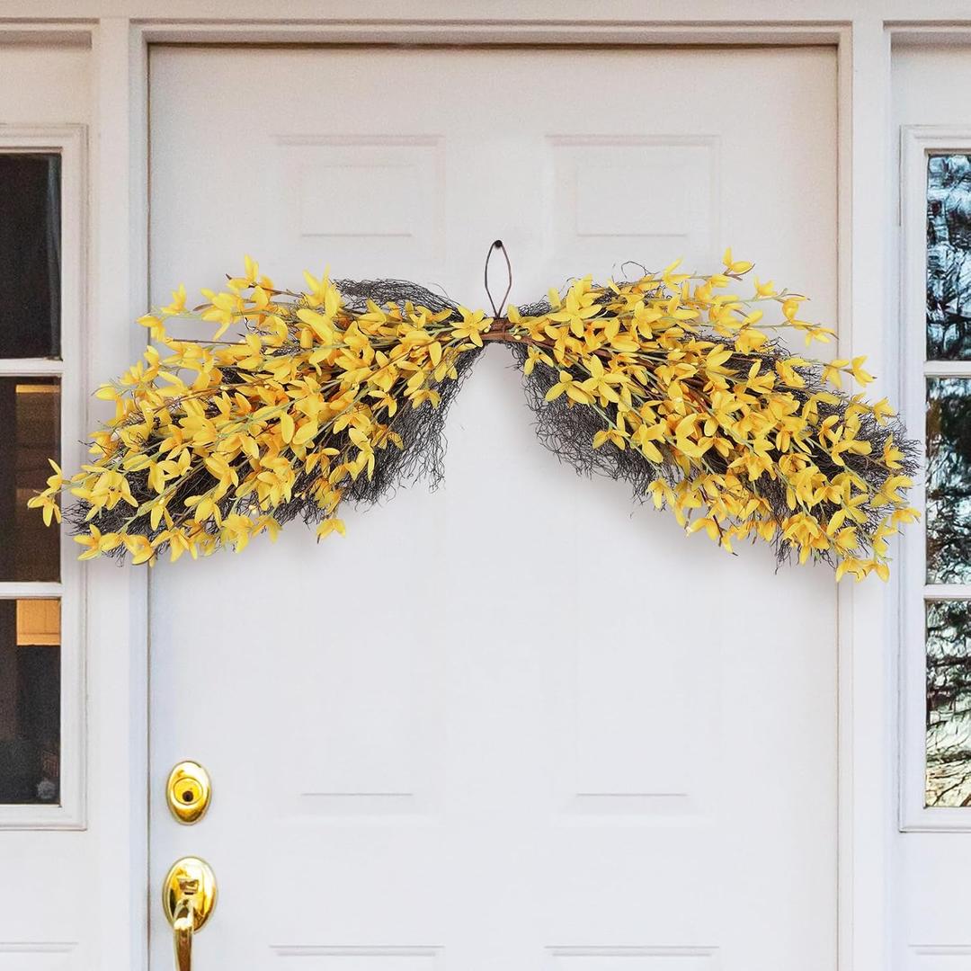 Moucuny 34'' Spring Forsythia Wreath for Front Door Artificial Yellow Forsythia Flower Garland Silk Spring Yellow Flowers Swag for Indoor Outdoor Wall Window Mantel Hanging Farmhouse Home Decoration