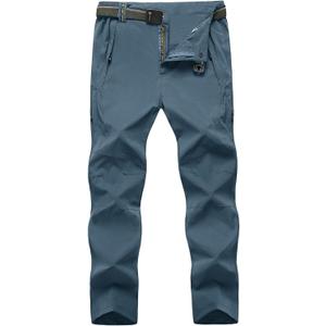 TBMPOY Men's Lightweight Hiking Pants with Belt 5 Zip Pockets Waterproof Quick-Dry Travel Fishing Work Outdoor Pants (Large, A4-thin Stone Blue)