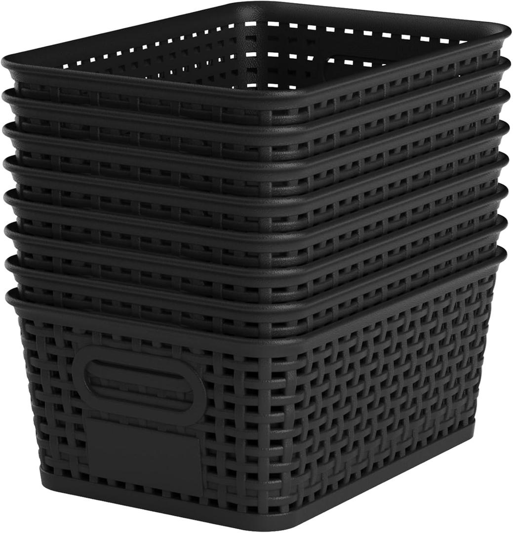Black Plastic Storage Baskets - Pack of 8 with Labels Stackable Durable Storage Bins, Storage Containers for Organizing Desktops, Closets, Playrooms, Classrooms, Offices