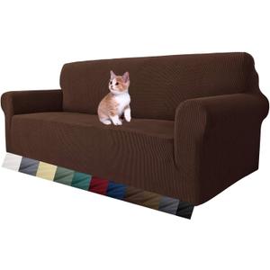 MAXIJIN Super Stretch Couch Cover for 3 Cushion Couch, 1-Piece Universal Sofa Covers Living Room Jacquard Spandex Furniture Protector Dogs Pet Friendly Fitted (Large, Coffee)