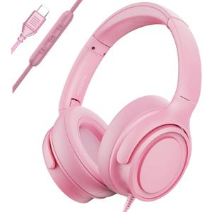 Wired Over-Ear Headphones with USB C Connector, Hi-Fi Stereo Sound, Noise-Isolating Ear Cups, Comfortable Fit for USB C Devices (No Bag, Pink)