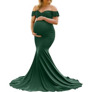 Saslax Off Shoulder Ruffle Sleeves Elegant Fitted Maxi Maternity Dress for Photoshoot Baby Shower (Green, L)