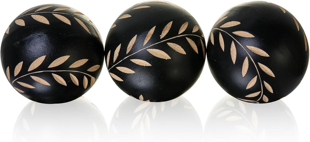 Decorative Orbs for Bowls and Vases, Set of 3, 4 inch Resin Round Sphere Balls, Leaf Pattern, for Living Room, Dining Room, Coffee Table Centerpiece Home Decor