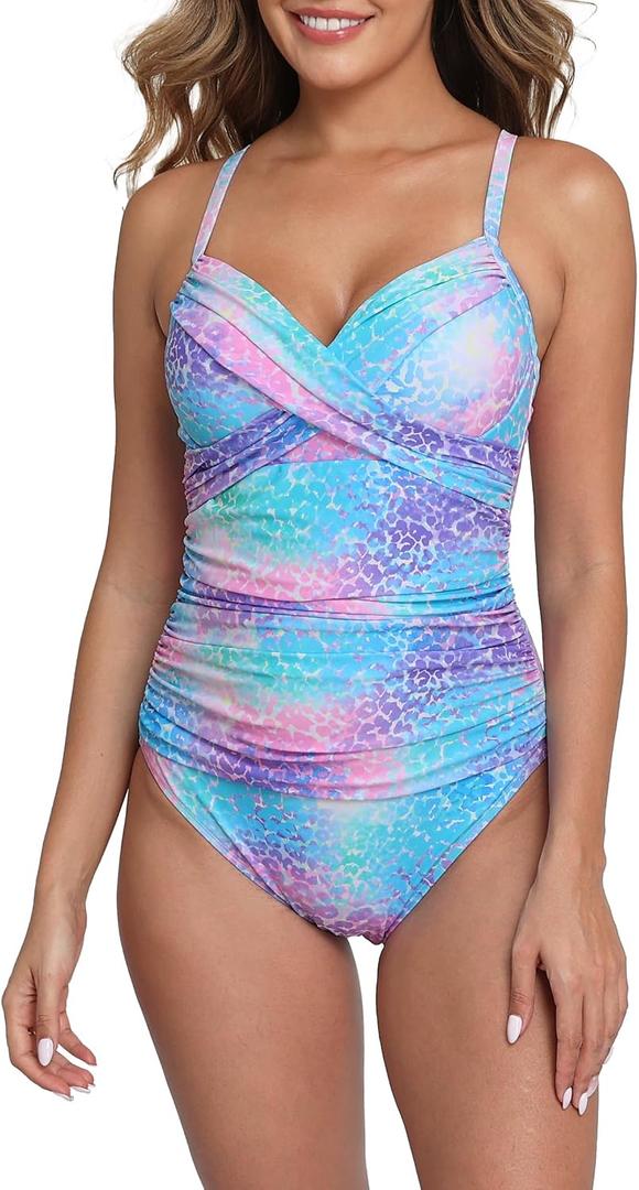 Halcurt Women's One Piece Swimsuit with Skirt Ruched Ruffle Tummy Control Swim Dress Bating Suit (L)