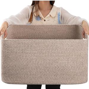 OIAHOMY 75L Large Blanket Basket, Woven Blanket Storage Basket with Handle, Cotton Rope Basket for Organizing 22x17x12, Blanket Basket living Room, Toy Basket for Nursery, Brown variegated