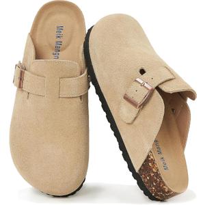 Womens Clogs Soft Leather Mules Cork Footbed Sandals Non-Slip Comfort Potato Shoes (Beige)