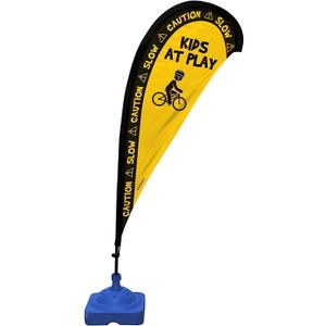 Teardrop Banner Flag Safety Sign with Fiberglass Poles and Weighted Base for Yards and Driveways -"Kids at Play", Yellow