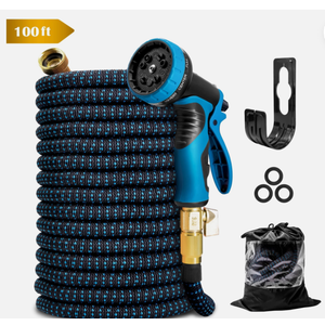 Expandable Garden Hose 100ft - Leak-Proof Water Hose w/ 10 Spray Nozzles, Blue