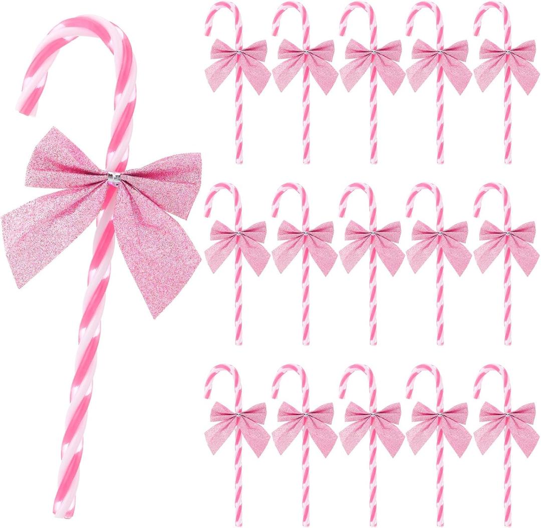 Soulchen 36 Pcs Christmas Glitter Candy Cane Ornaments with Bows Plastic Sparking Candy Cane Decoration Christmas Tree Hanging Ornaments Crafts for Xmas Tree Holiday Festive Party Supplies Home (Pink)