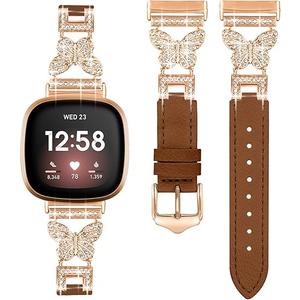 Shesyuki Leather Bands Compatible With Fitbit Versa 4/3 and Sense 2 - Slim Thin Dressy Watch Strap With Bling Butterfly Metal Buckle for Women