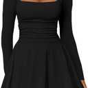 Kaximil Women's Square Neck Ruffle Hem Mini Dress Ruched Waist Long Sleeve Corset Short Party Dresses (Black, L)