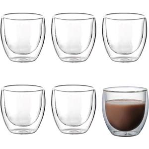 Double Walled Espresso Cups Set of 6, 2.7oz Insulated Clear Glass Coffee Mugs, Glass Espresso Shot Cup Set, Double Wall Glasses for Latte Cappuccino Cocoa Milk Cafe Juice Tea 80ML