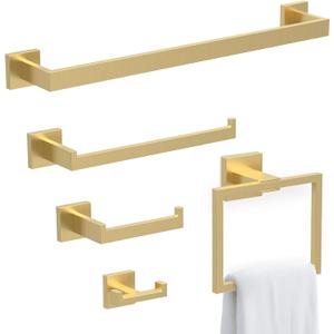 BOZWELL 5 Piece Light Brushed Gold Stainless Steel Towel Bar Set, 23.6 inch Square Bathroom Hardware Accessories Set,Wall Mounted Towel Racks for Bathroom with TP
