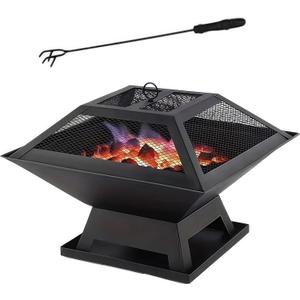 Outdoor Fire Pits for Outside Wood Burning Table Fire Pit with Spark Screen Cover, Fire Bowls Backyard Fire Pit with Fire Poker for Camping Beach (Black, 18.5 Inch)