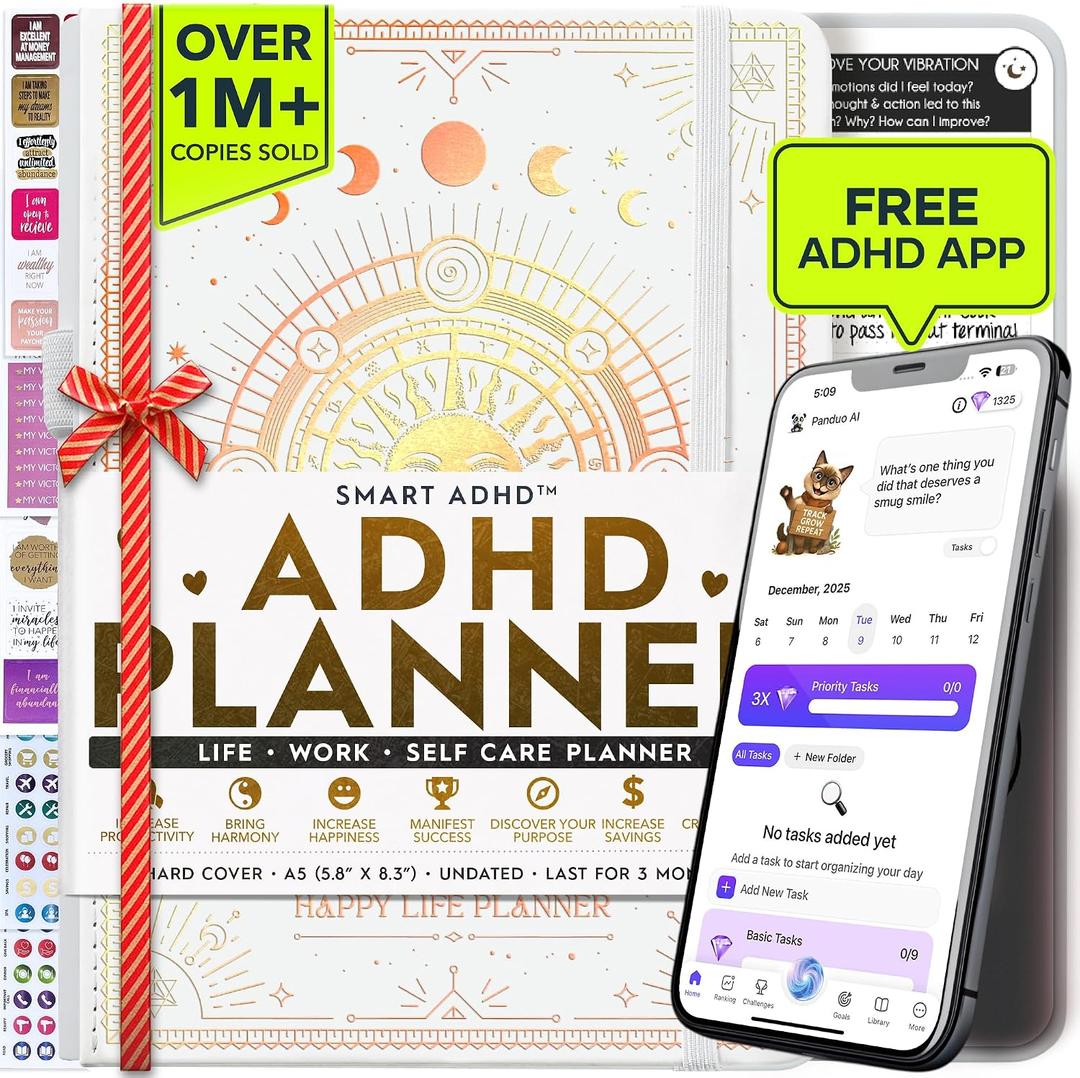 Freedom Mastery - Adhd Daily Planner, Self Care Personal Gratitude Journal to Increase Productivity & Success in Life, Include Foldable Vision Board - White Sun