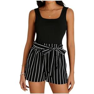 BEAUDRM Women's 2 Piece Solid Square Neck Pullover Tank Top and Floral Print Belted Shorts Sets , Size Large