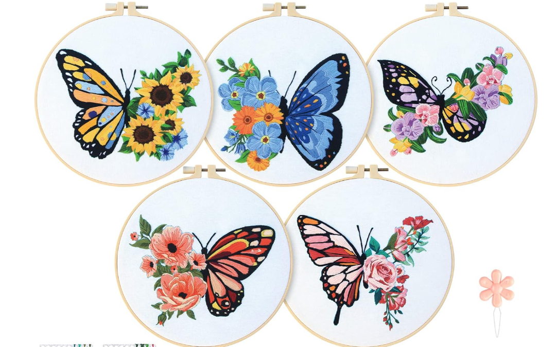 Yinder 5 Sets Embroidery Cross Stitch Kits for Beginners with Butterfly Flower Patterns and Instructions Bead for Starter DIY Adult Kids Butterfly Pattern Embroidery Set with Cloth Needles Threads