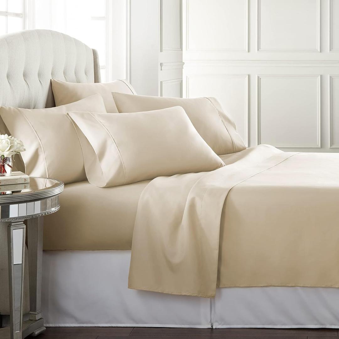 Danjor Linens Full Sheet Set 6 Piece Hotel Quality Bed Sheet w/ 4 Pillowcases - Microfiber Sheet Sets with Deep Pockets, Breathable Cooling Wrinkle Free, Machine Washable for Full Size Bed, Cream