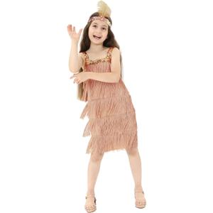 Leadtex Girl's 20s Flapper Dresses Costume Dress Childrens Party Fringed Dresses with Feather Headband,Size  (M(8-10))