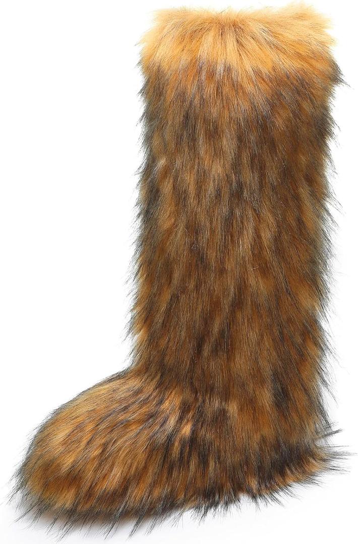 YXCFEWD Faux Fur Boots for Women Winter Knee High Furry Boots Fuzzy Fluffy for Girls Flat Snow Long Boots (Brown)