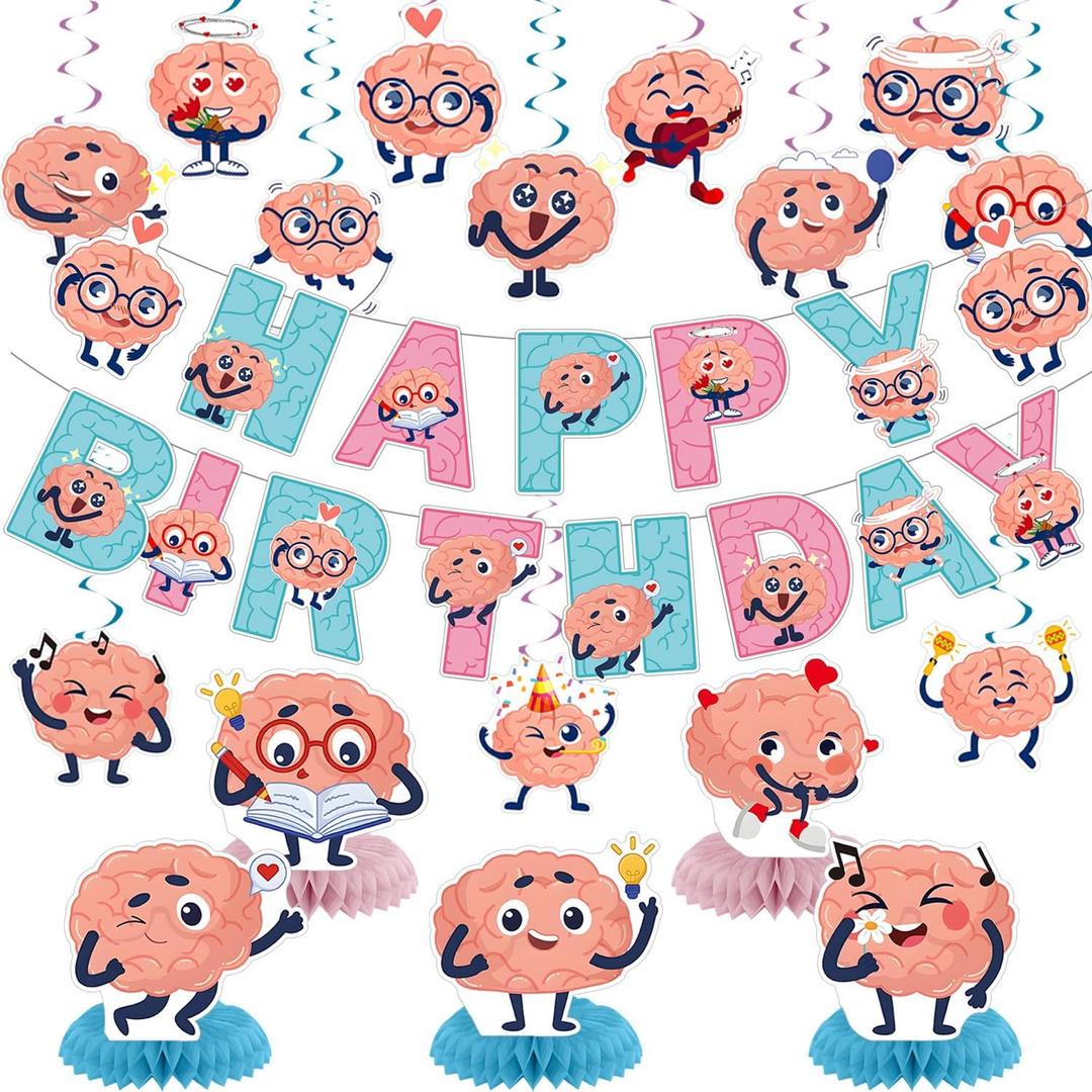 Brain Party Decorations Cartoon Brain Birthday Party Decor Supplies Includes Happy Birthday Banner Brain Hanging Swirls Honeycomb Centerpiece