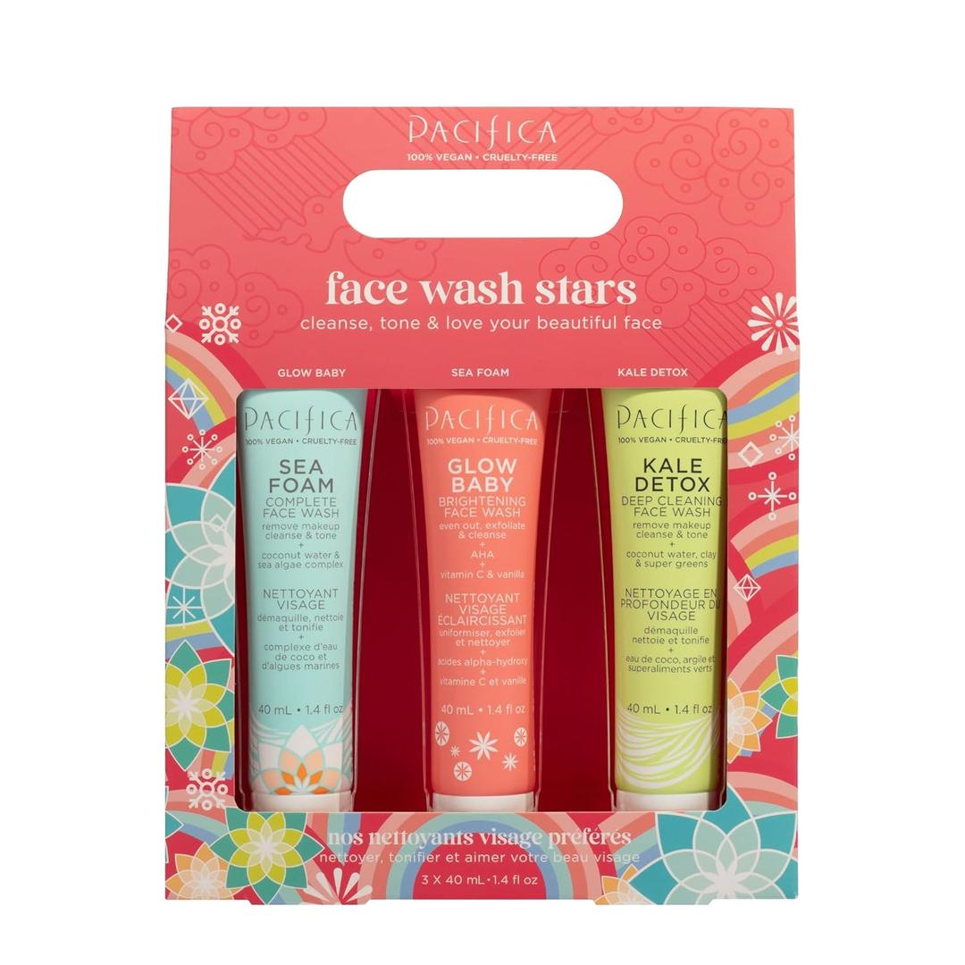 Pacifica Face Wash Set - Preppy Skincare Gift Set Value Kit for Holidays | Brightens, Tones and Deep Cleans |Glow Baby, Kale Detox and Sea Foam | 3 Pack (1 Ounce (Pack of 1))
