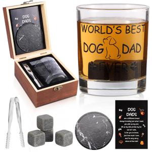 Dog Dad Gifts, Best Gift for Dad, Gift with 12oz Whiskey Glasses, Stones, Coaster, Wooden Box for Dogfather