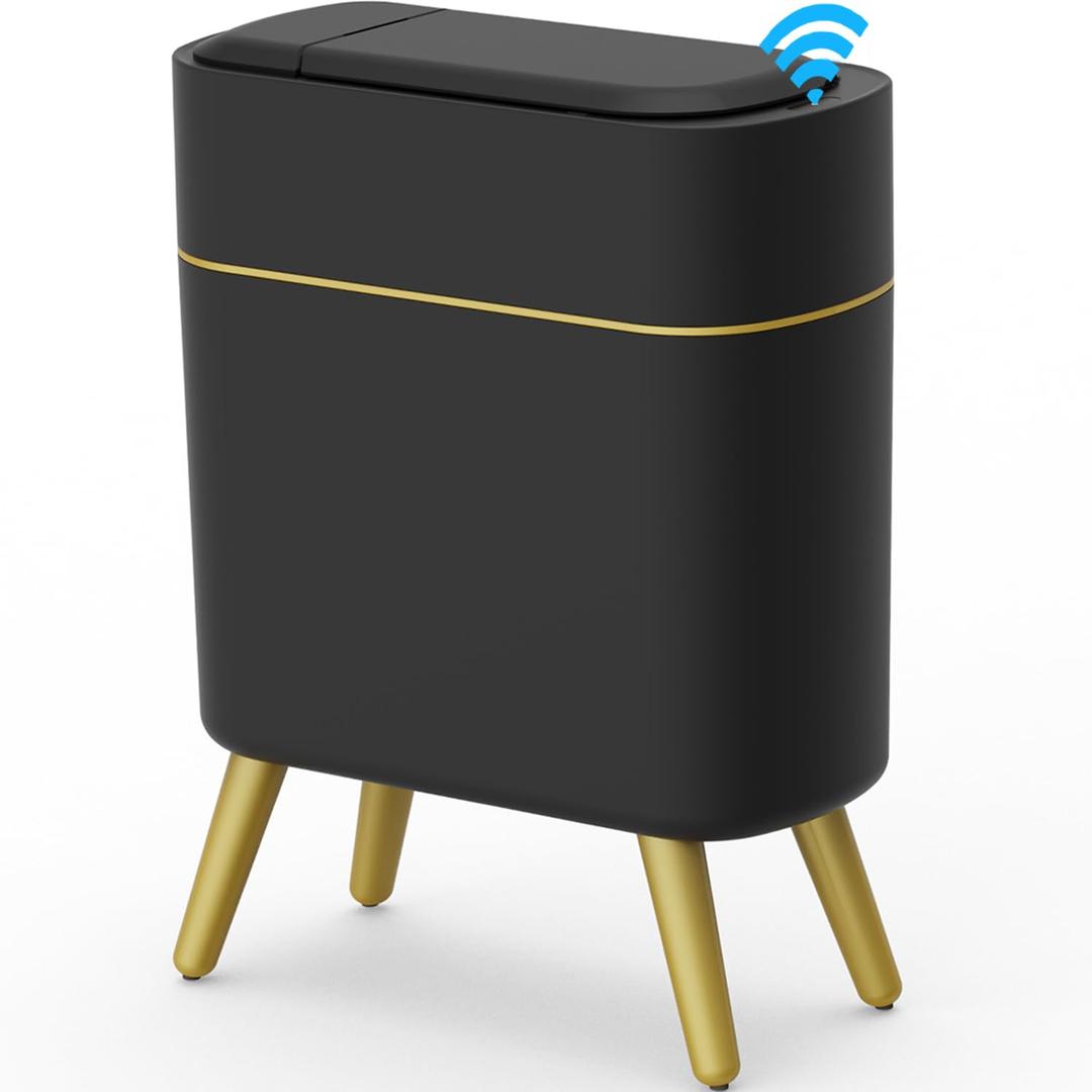 Yatmung Bathroom Trash Can Automatic Touchless Modern Smart Trash Bin - Narrow Waste Basket for Bedroom, Laundry Room, Office, Plastic - Motion Sensor Garbage Can with Lid - Black with Gold Edge (1 Pack)