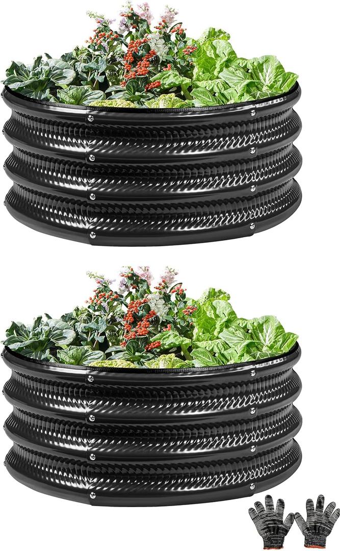 Gartist 2 Pcs 2x2X1 FT Round Galvanized Raised Garden Bed Kit, Black Outdoor Planter Garden Bed, Metal Raised Box for Vegetables, Fruits, Flowers & Herbs