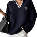 SHENHE Women's Oversized Sweatshirt Collared V Neck Long Sleeve Fall Preppy Pullover Sweatshirt (Blue, S)