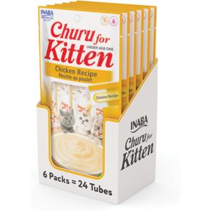 INABA Churu for Kittens, Grain-Free Creamy, Pure Lickable Cat Treats with DHA, EPA, Vitamin E & Taurine, 0.5 Ounces Each, 24 Tubes (4 per Pack), Chicken Recipe, BB 04.25.2026