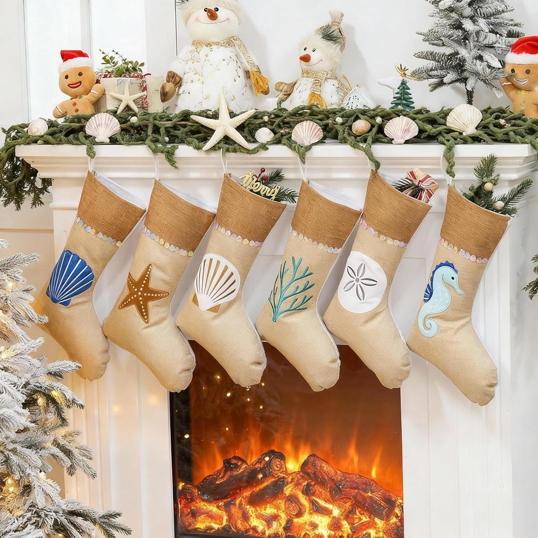 Jecery Set of 6 Ocean Coastal Sea Beach Christmas Stockings 18 x 11 Inch Burlap Christmas Socks with Marine Biology Coral Shell Seahorse Starfish Xmas Holiday Fireplace Mantel Hanging Decoration
