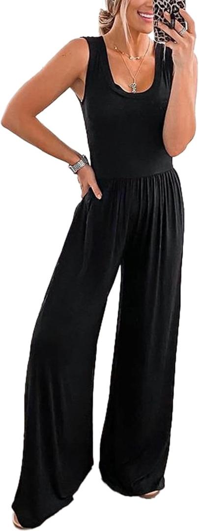 PRETTYGARDEN One Piece Jumpsuits 2026 Spring Sleeveless Tank Summer Casual Travel Airport Outfits Wide Leg Pants Rompers (Medium, Black)