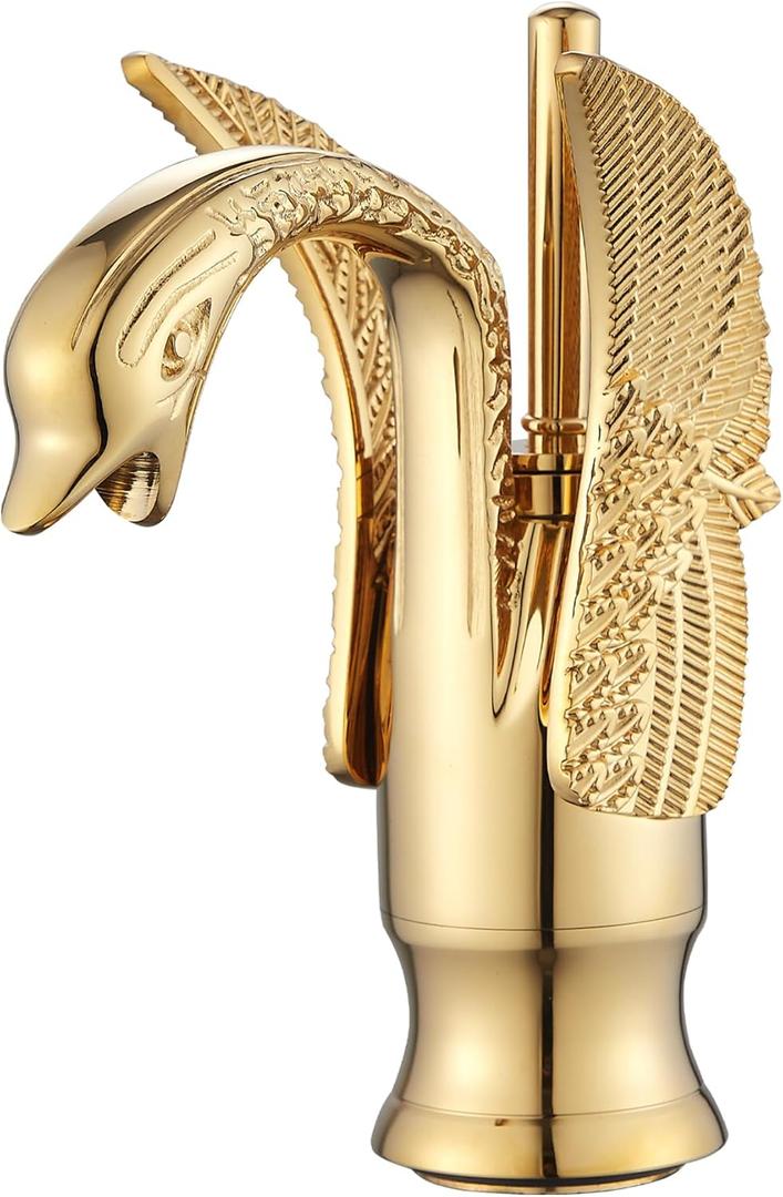 Gold Bathroom Faucet GGStudy Swan Shape Single Handle One Hole Bathroom Vanity Faucet Basin Tap Deck Mount Lavatory (Short)