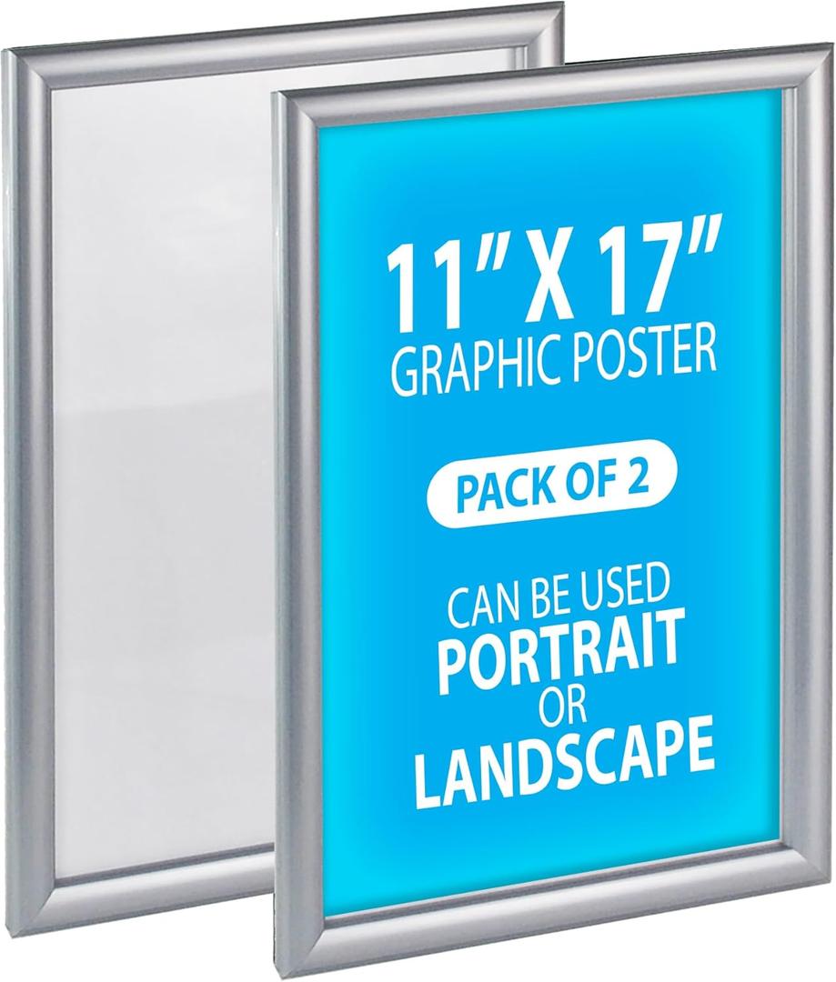 Azar Displays 300340-SLV-2PK Wall Mount Plastic Snap Poster Frame 11" x 17" Portrait/Landscape Sign Holder Frame, 2-Pack