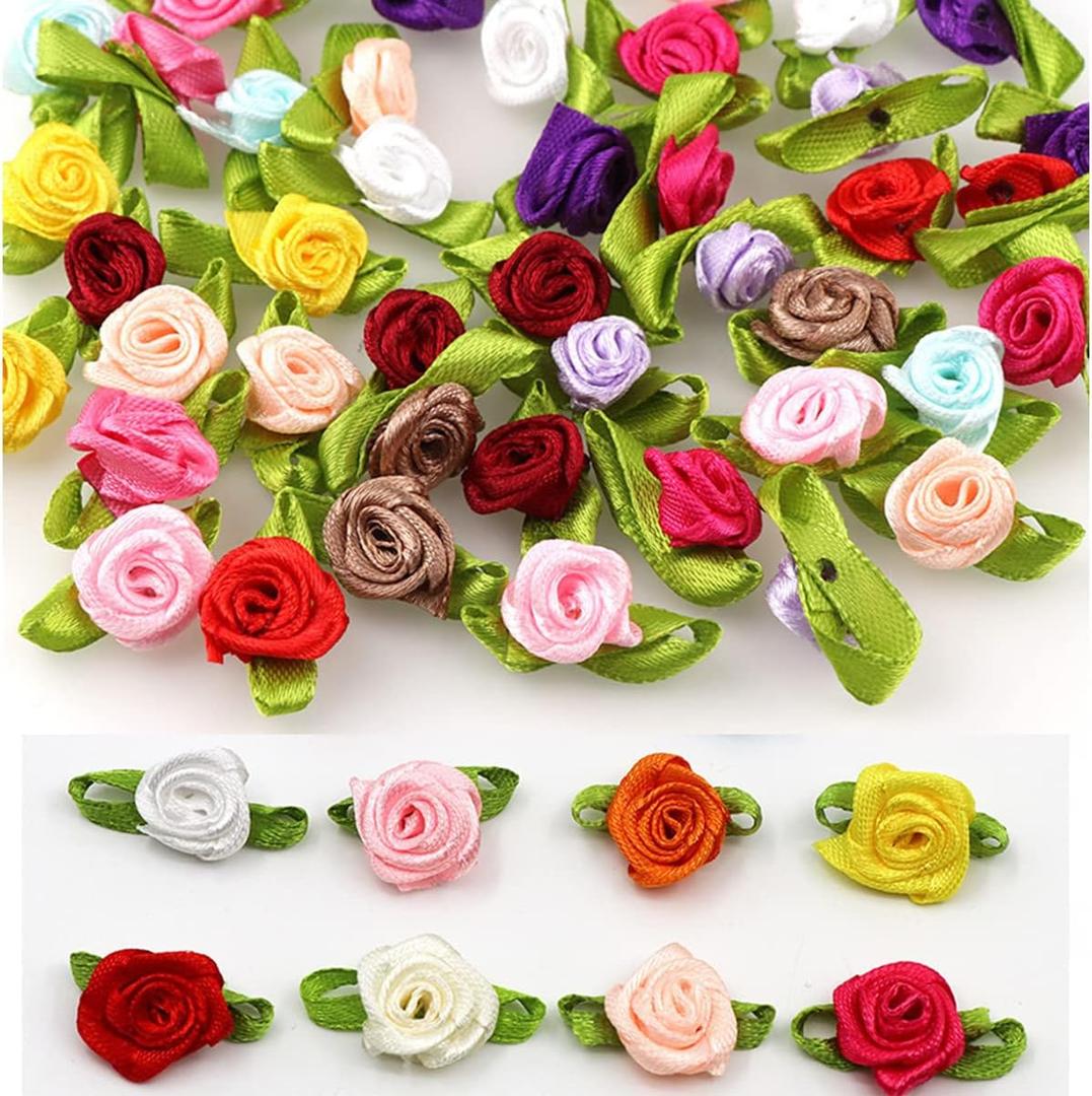 LOPURO Mini Ribbon Roses, 100Pcs Artificial Fabric Flowers with Green Leaves Mixed Color Rosettes Mini Ribbon Roses for Crafts Sewing DIY Craft Decoration Wedding Festival Accessories (Mixed Color)