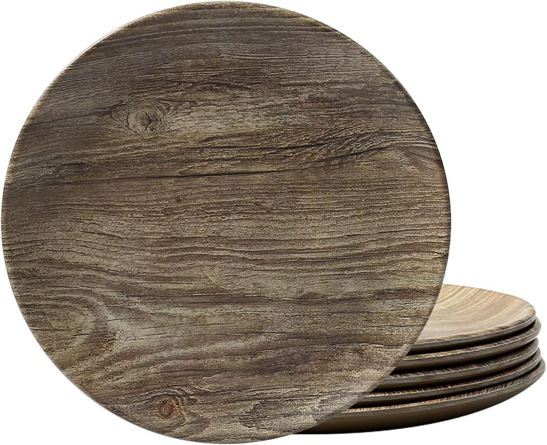 TP 8.5" Melamine Dinner Plates, 6-piece Plate Set Unbreakable Serving Dishes for Indoor and Outdoor, Service for 6, Grayish-brown Wood Grain