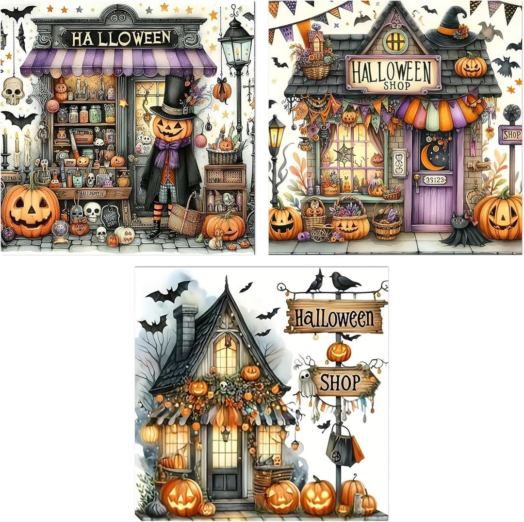 3 Pack Diamond Art Kits for Adults, Halloween Pumpkin Bat Shop Diamond Painting Kits for Adults, 5D DIY Round Full Drill Gem Art Paint With Diamonds Dots Crafts Kits for Home Decor Gift 14x14inch