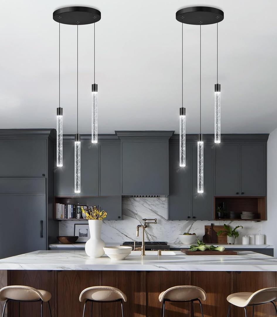 3 Lights Crystal Pendant Lights for Kitchen Island Mini Chandelier Adjustable Hanging Ceiling Light fixtures LED Dimmable Pendant Lighting for Dining Room Hallway (Black)