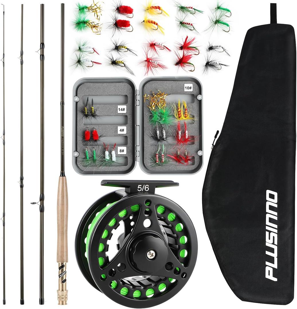 PLUSINNO Fly Fishing Rod and Reel Combo, 4 Piece Lightweight Ultra-Portable Graphite Fly Rod 5/6 Complete Starter Package with Carrier Bag