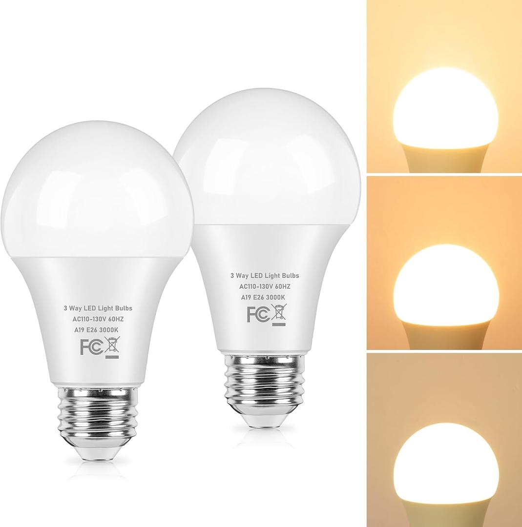 TOBUSA 3 Way LED Light Bulbs 30 70 100 Watt Equivalent, 2-Pack Three Way A19 Light Bulbs 3000K Warm White, Standard LED Bulbs E26 Medium Base, Energy-Saving Indoor 3-Way Light Bulbs for Reading Lamp
